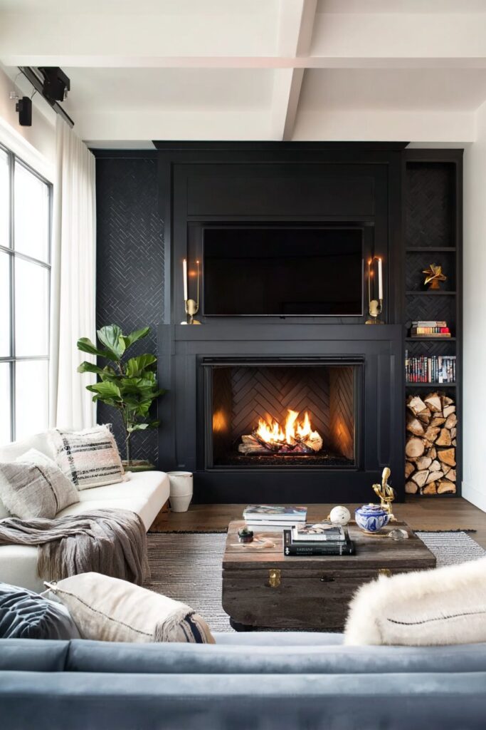Black fireplace surround as a focal point in a modern living room