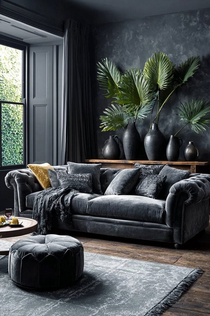 Charcoal grey living room with velvet textures and soft ambient natural lighting