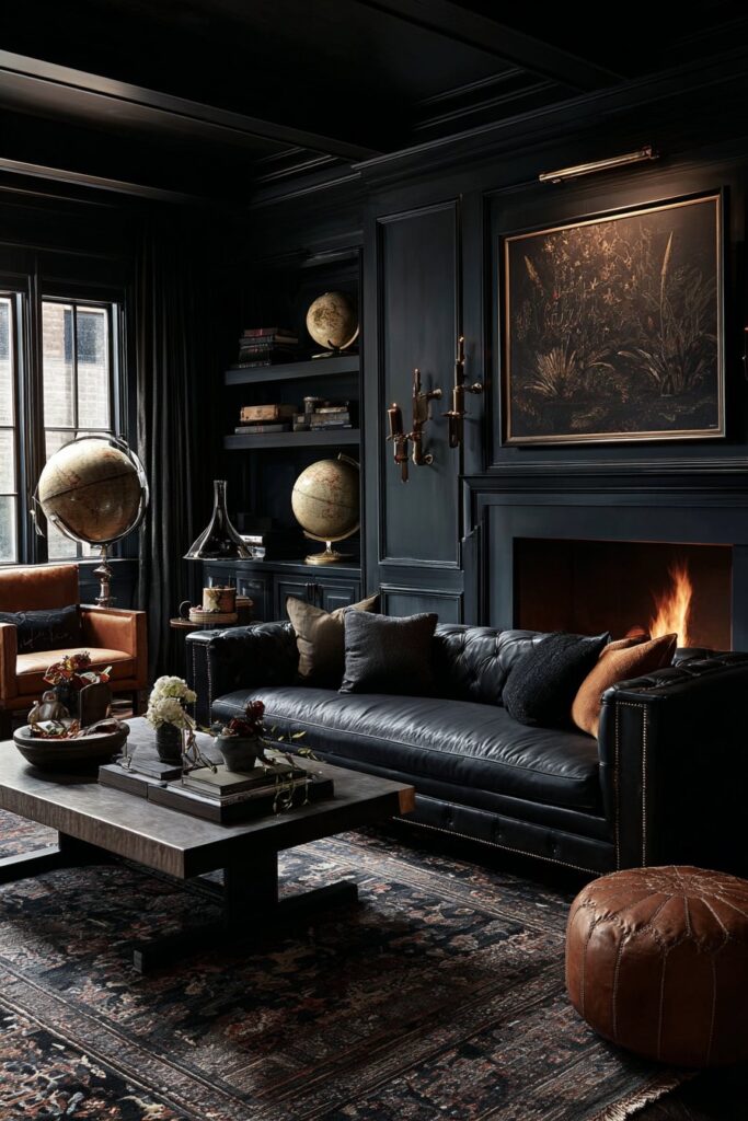 Dark wallpaper with bold patterns creating a dramatic living room interior