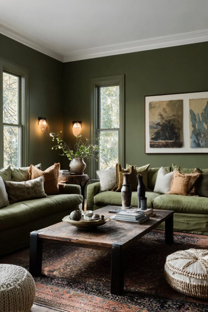 Deep olive green walls paired with warm earthy neutral decor