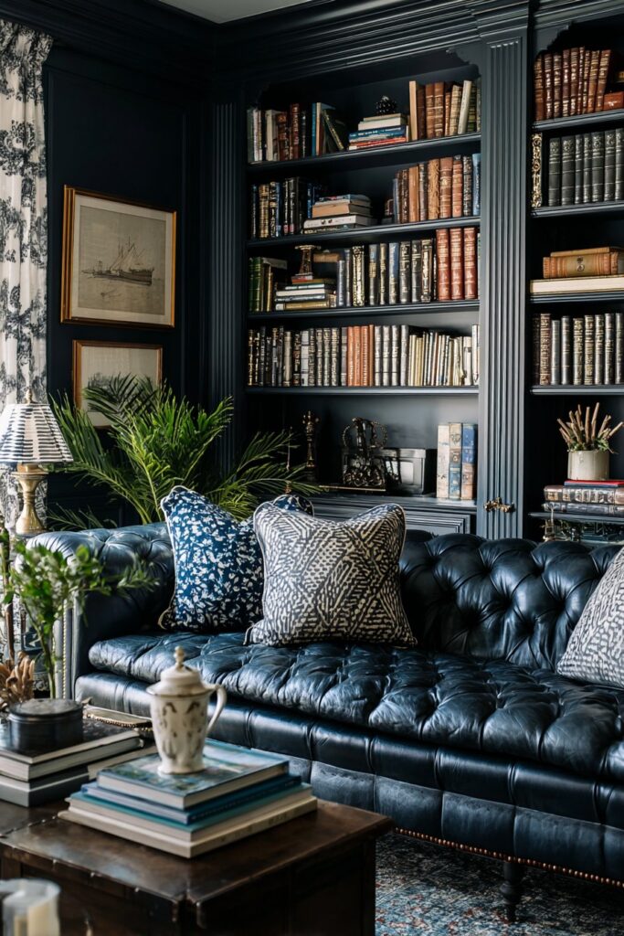 Moody maximalist bookshelf styling with books and decorative objects