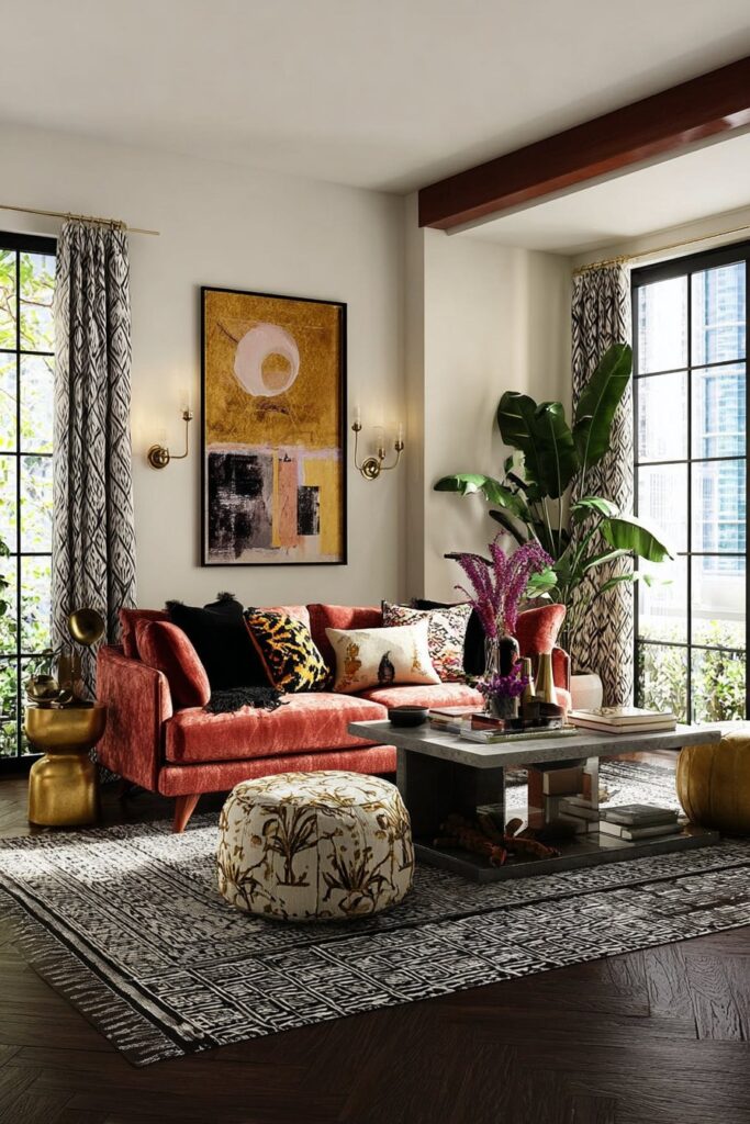 Velvet textures and layered textiles creating a luxurious living room look