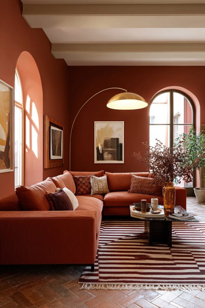 Terracotta and deep rust tones in a warm earthy living room design