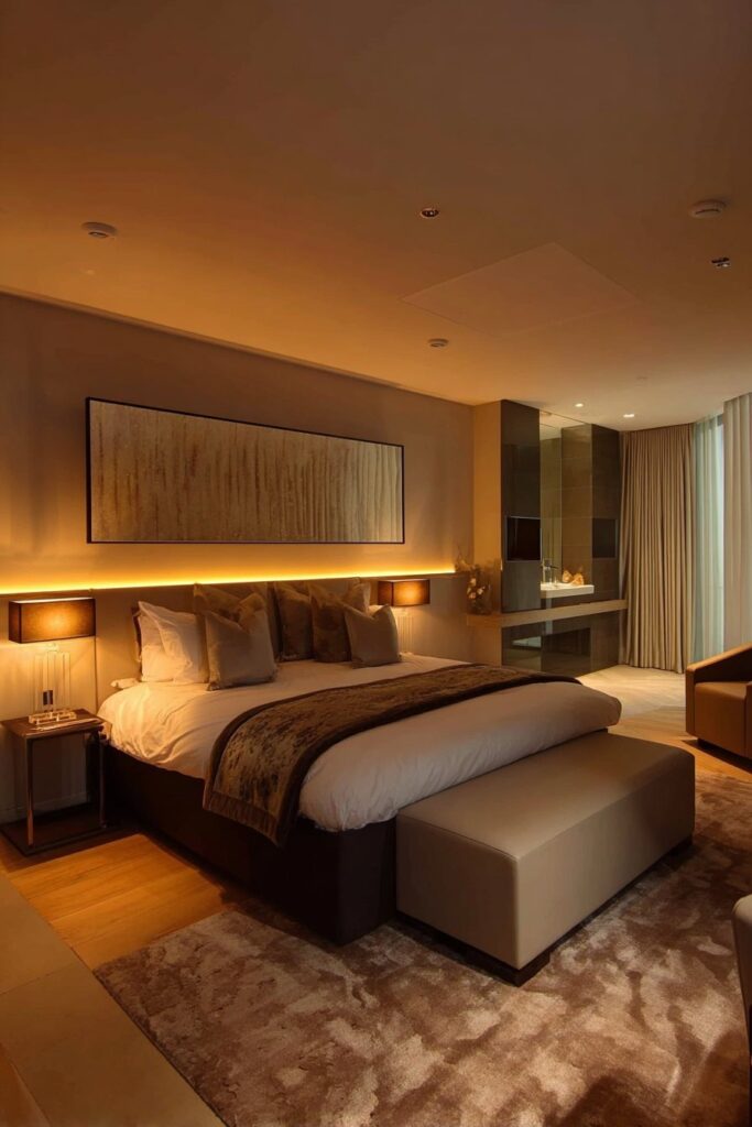 Layered bedroom lighting with dimmer controls creating a warm cozy ambiance