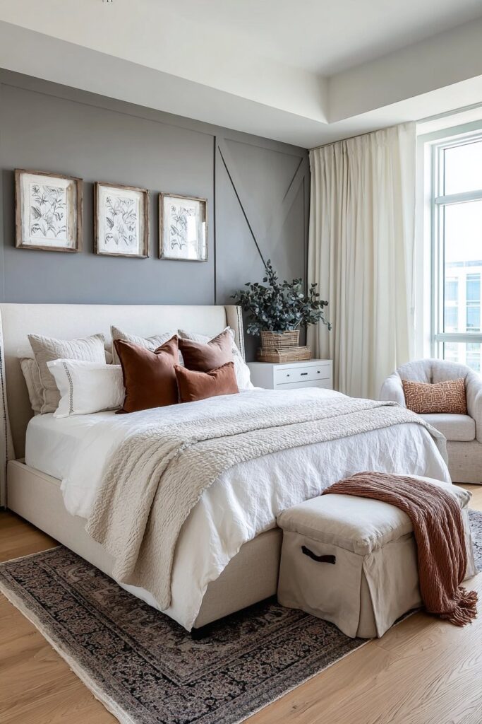 Neutral bedroom color palette with metallic silver accents and soft textures