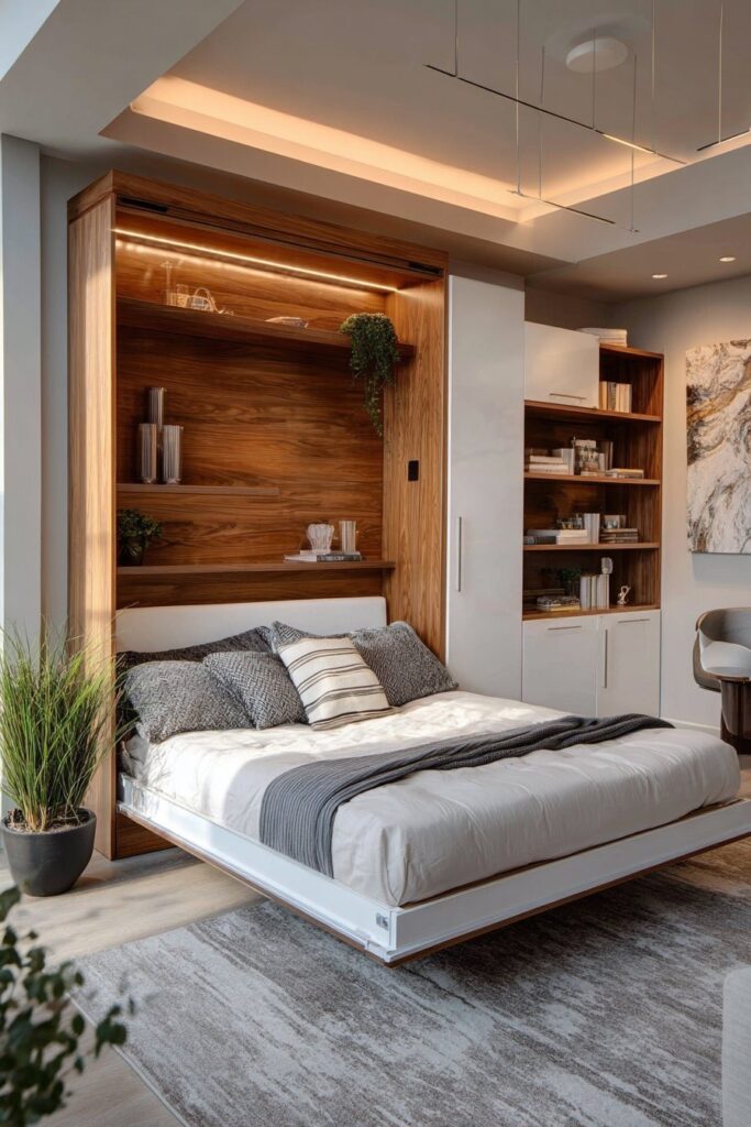 Space-saving Murphy bed folded into wall in a compact bedroom design