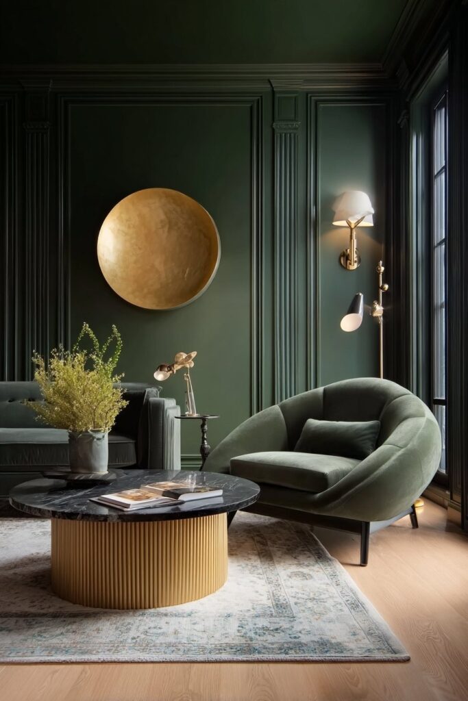 Forest green paneled walls with classic molding in a sophisticated living room