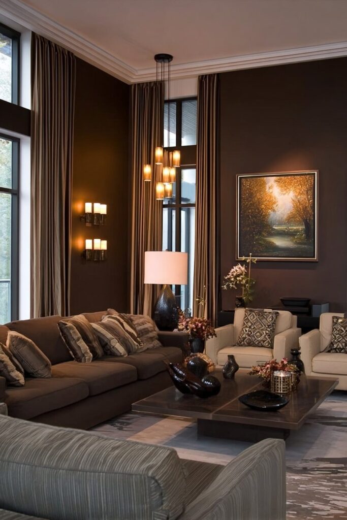 Chocolate brown walls with warm cozy decor in a modern living room