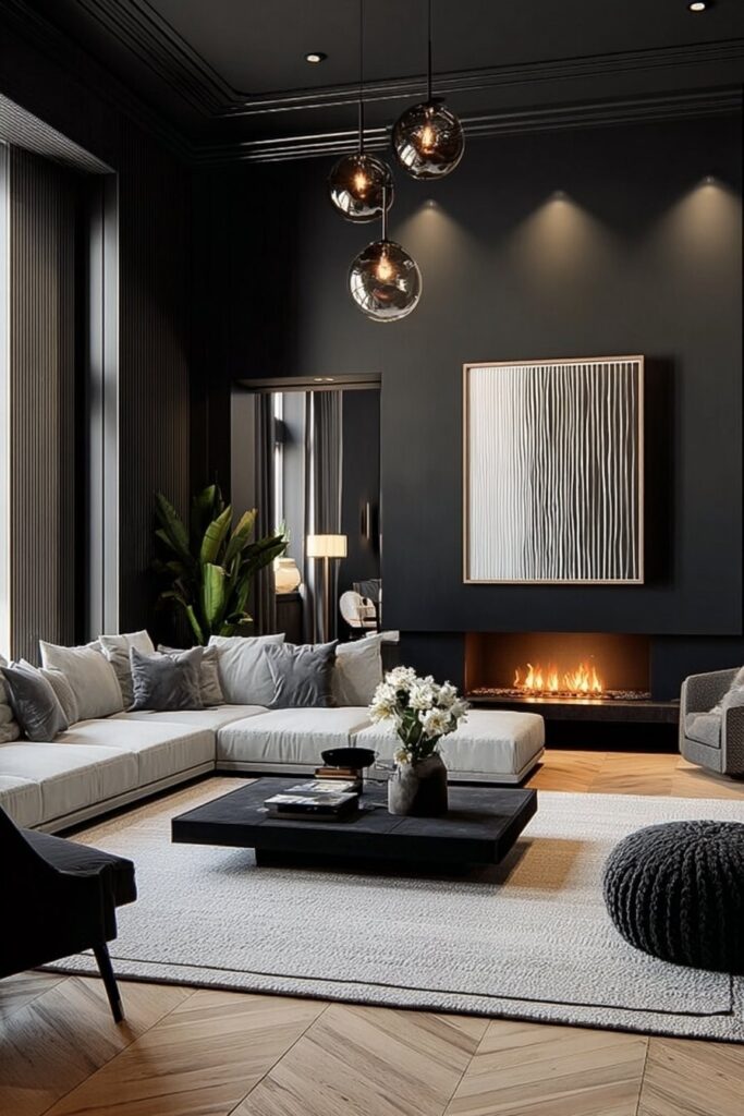 All-black walls with statement artwork in a bold modern living room interior