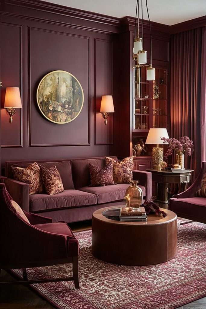 Rich burgundy and plum tones in a luxurious moody living room setting