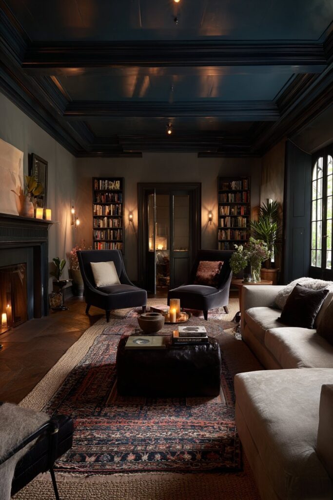 Moody blue ceiling creating a dramatic effect in a modern living room