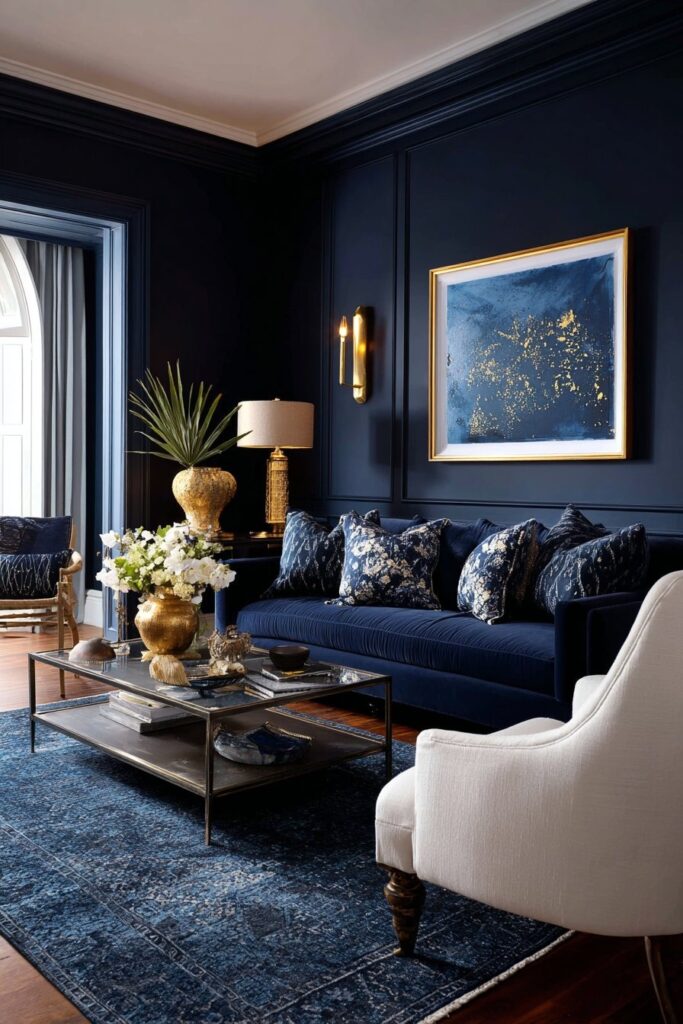 Deep navy walls with warm brass accents in a modern moody living room design