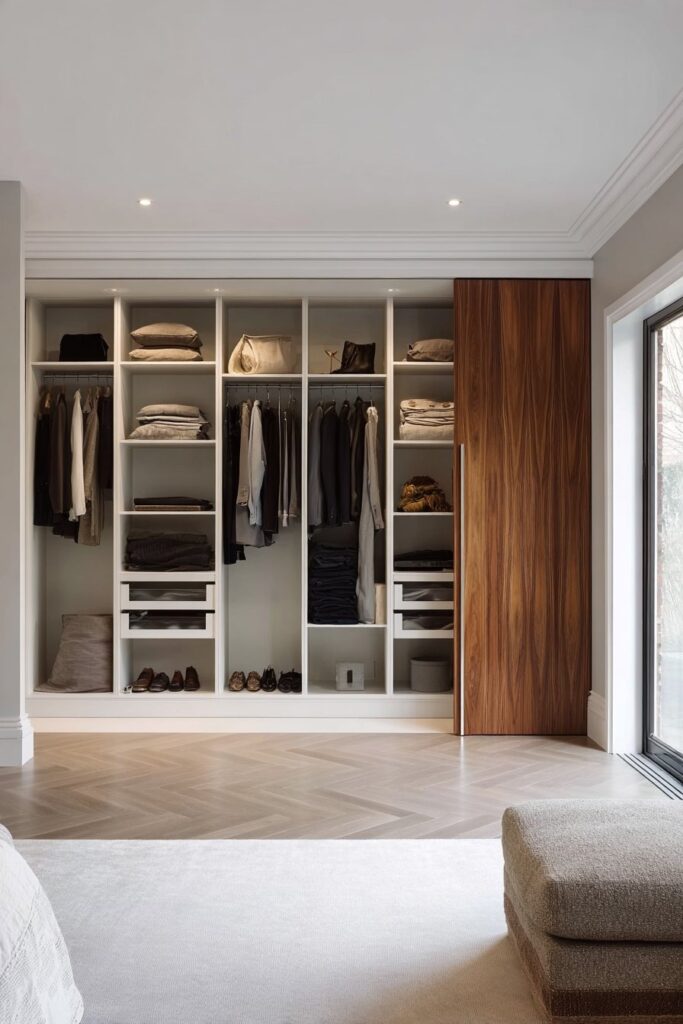 Floor-to-ceiling built-in wardrobes in a sleek modern bedroom interior