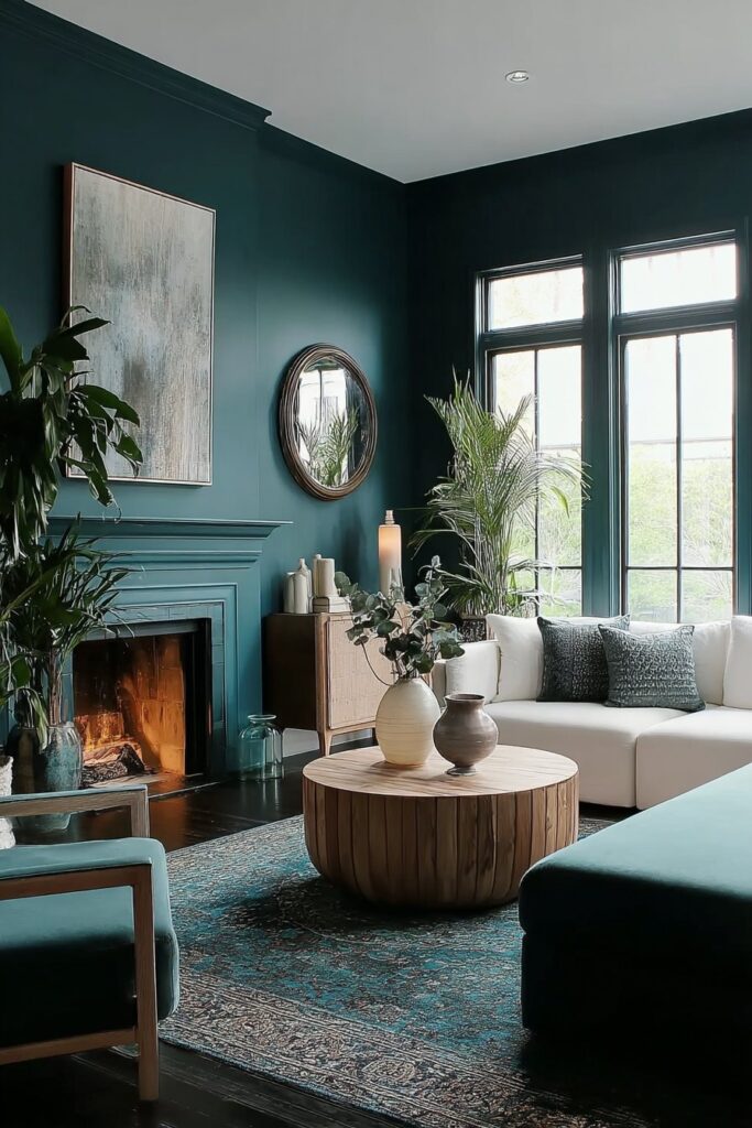 Dark teal walls with colorful decor accents in a stylish living room