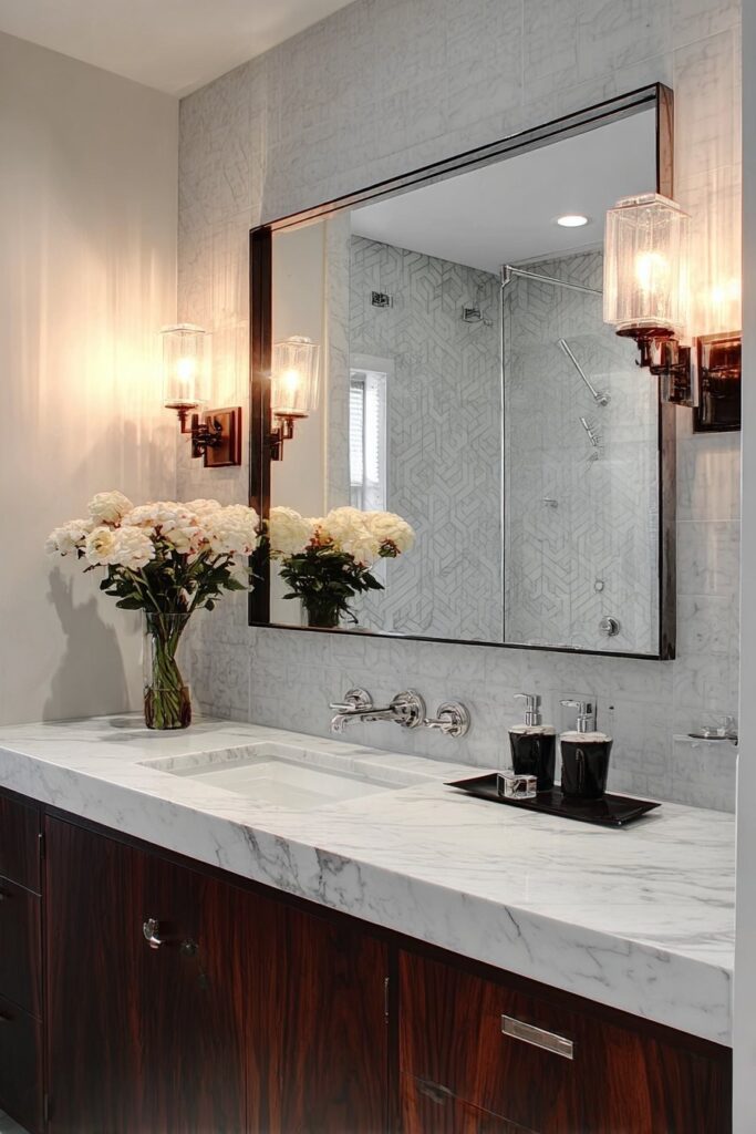 Wall sconces in bathroom wall decor ideas creating warm ambient lighting