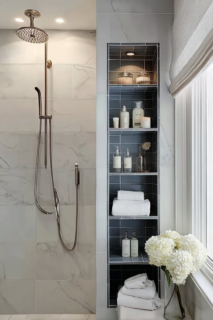Built-in niche shelving in bathroom wall decor ideas for smart storage