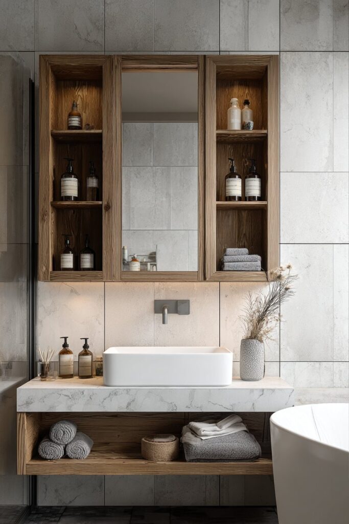 Wall-mounted cabinets in bathroom wall decor ideas for hidden storage