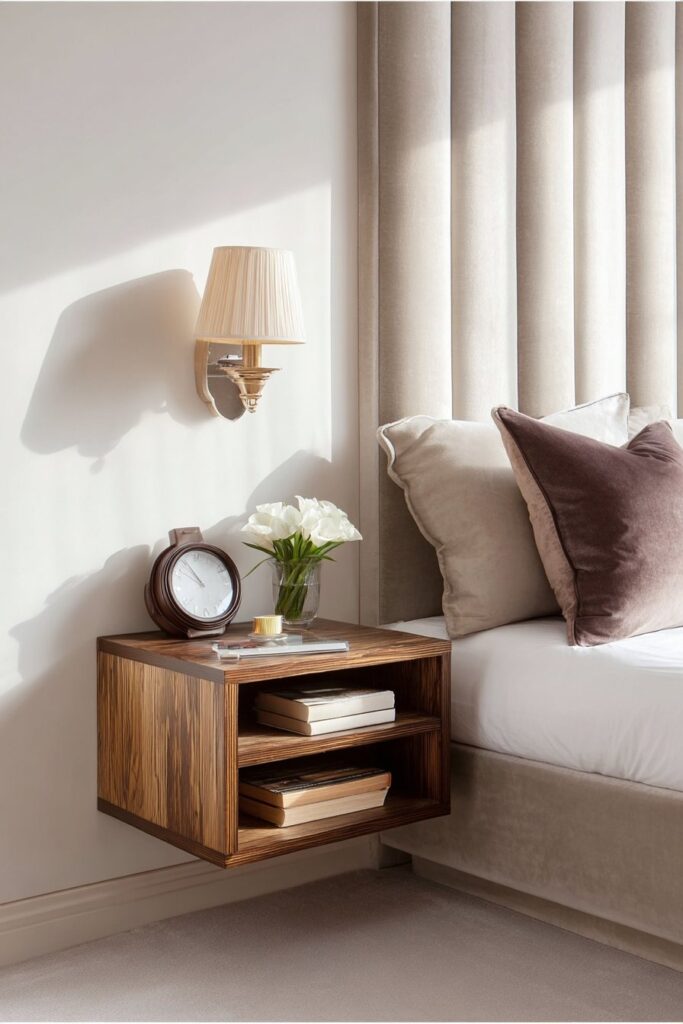 Minimalist floating nightstands in a clean modern bedroom interior