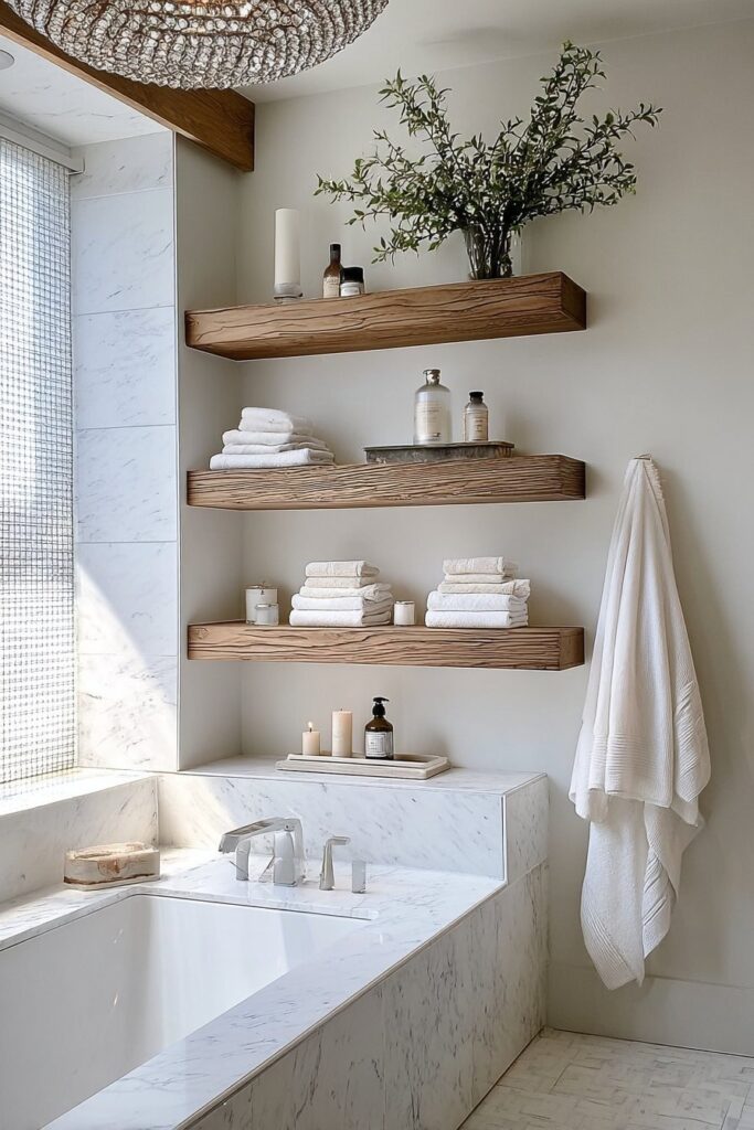 Floating shelves in bathroom wall decor ideas for stylish storage solutions