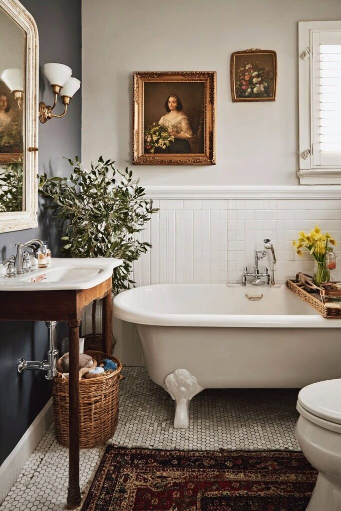 Vintage wall accessories in bathroom wall decor ideas for a cozy touch