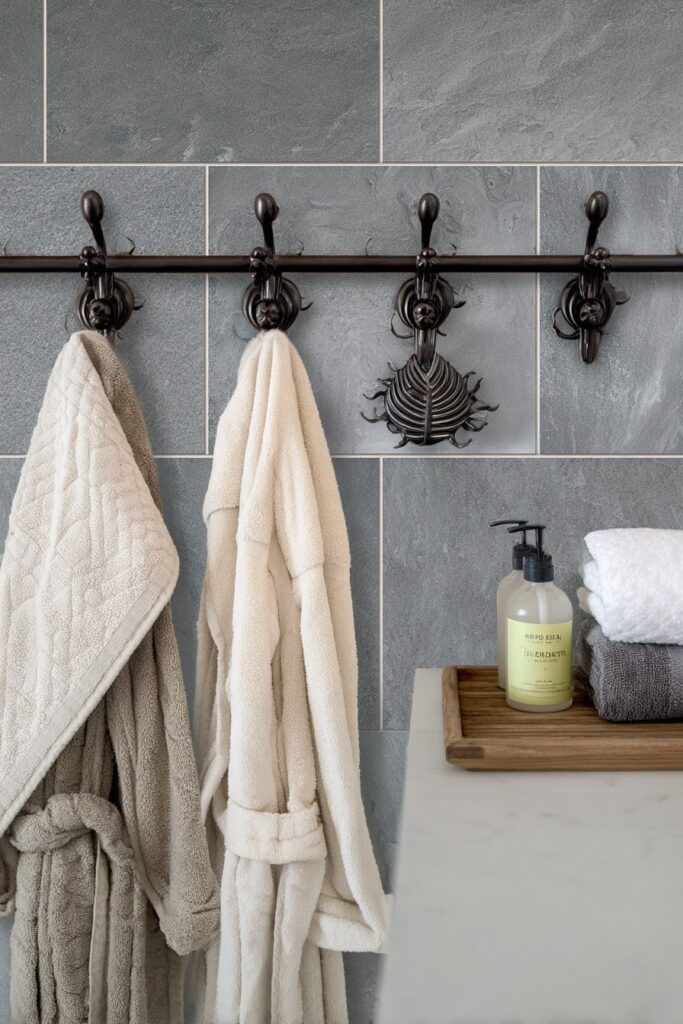 Decorative hooks in bathroom wall decor ideas for functional organization