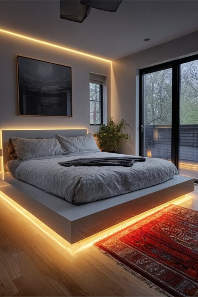 Under-bed LED accent lighting creating a soft ambient glow in bedroom