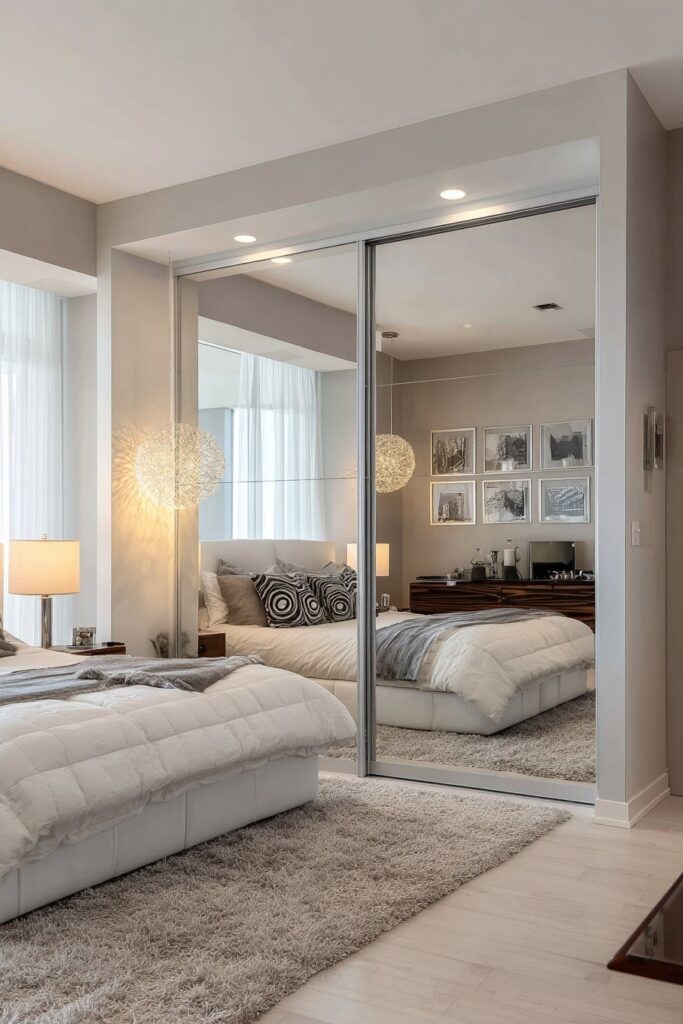 Mirrored sliding closet doors reflecting light in a modern bedroom space