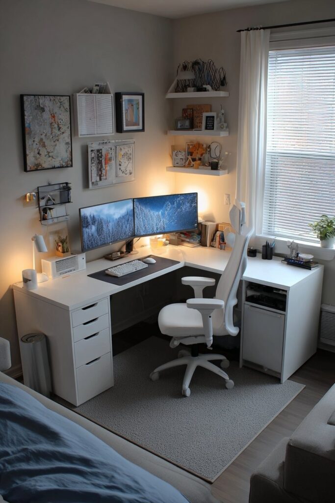 Multi-functional corner desk setup in a small modern bedroom