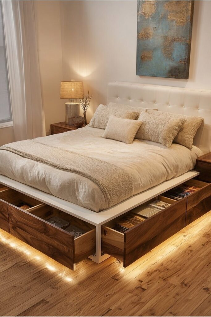 Floating platform bed with hidden storage in modern bedroom design
