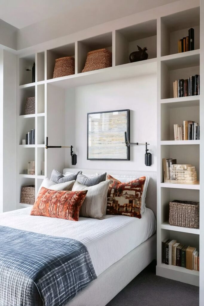 Vertical storage with tall narrow shelving in a minimalist bedroom