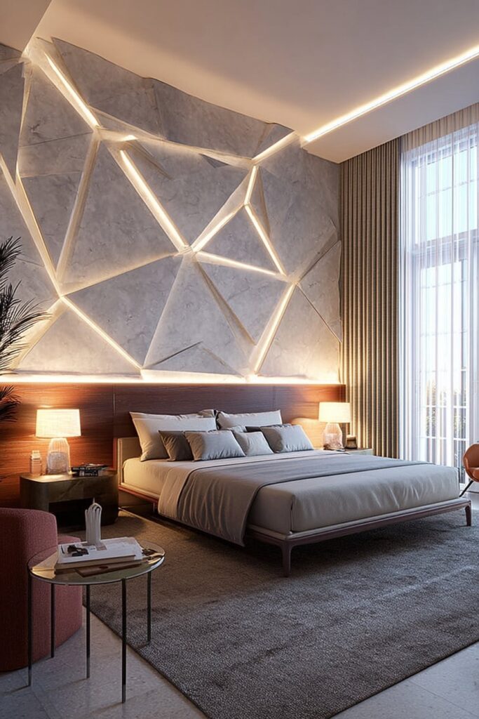 Textured wall treatments and paneling adding depth to a modern bedroom