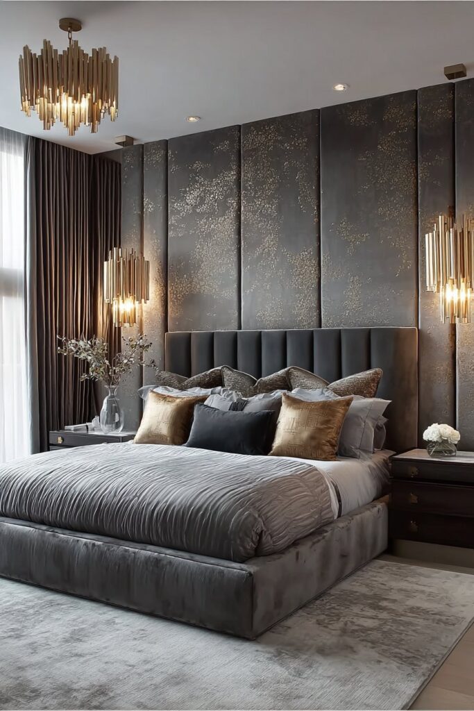 Upholstered accent wall behind bed in a luxury bedroom setting