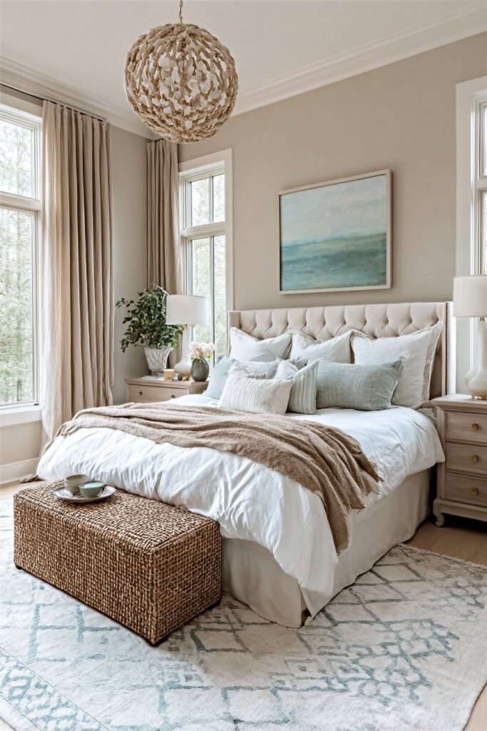 Cozy bedroom with lightweight layered textiles and soft neutral fabrics