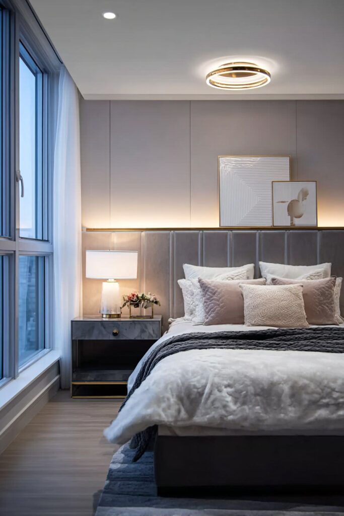 Elegant bedroom with layered lighting creating warmth and ambiance