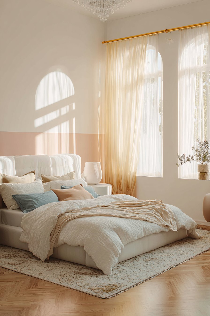 Bright neutral bedroom with airy light color palette and cozy decor