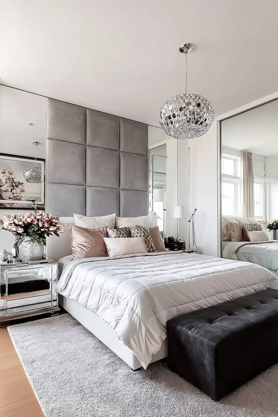 Luxury bedroom with oversized mirrors and reflective modern decor