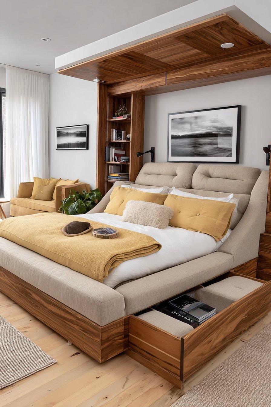 Bright bedroom with multifunctional furniture and smart space-saving design