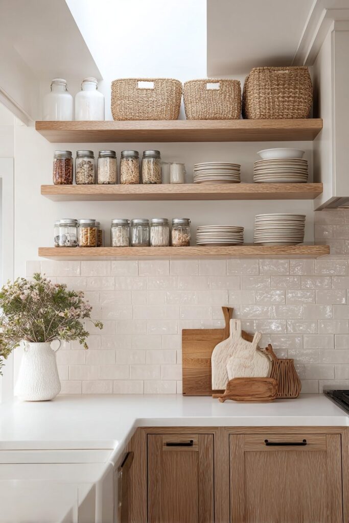 Kitchen with open shelving and woven baskets for stylish organization