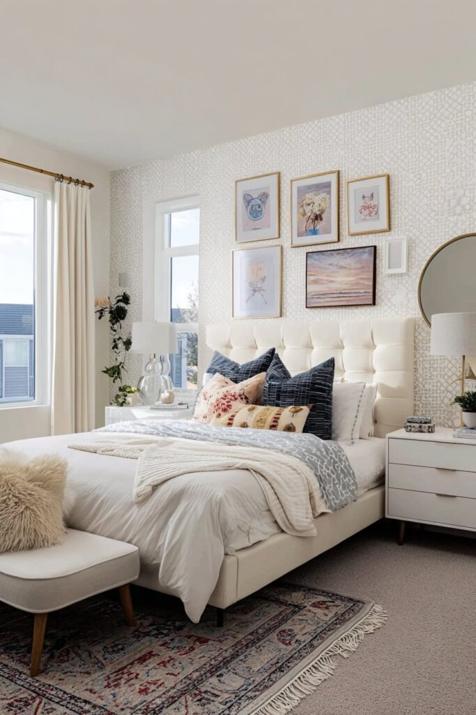 Personalized bedroom decor with curated artwork and stylish accents