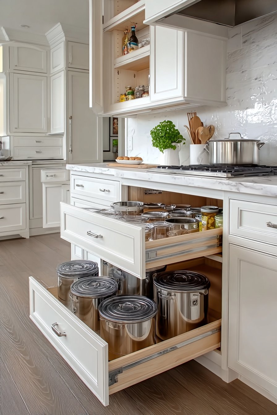Kitchen with pull-out cabinet storage and organized modern drawers