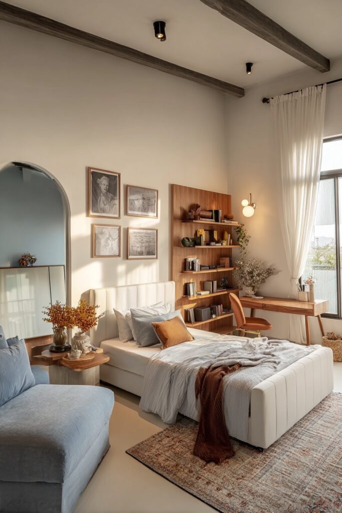 Small bedroom with smart furniture placement and open room flow