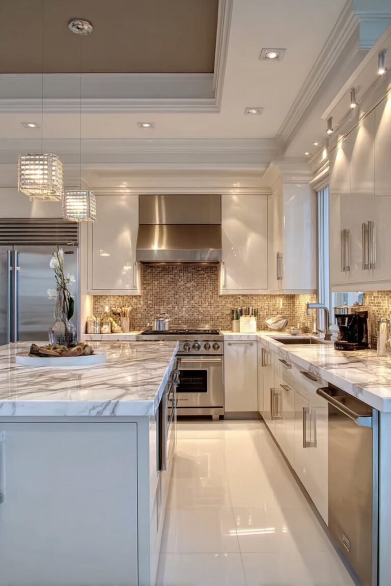 Bright kitchen with layered task lighting and elegant modern decor