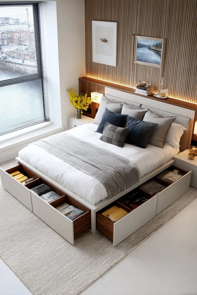 Modern bedroom with hidden under-bed storage and neutral decor