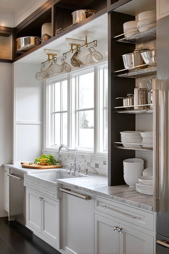 Modern kitchen with vertical storage solutions and tall pantry shelves