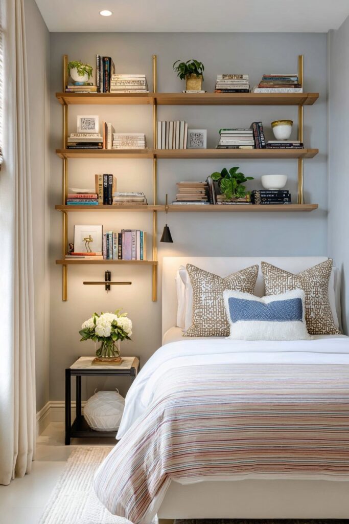 Modern bedroom with vertical storage shelves maximizing wall space