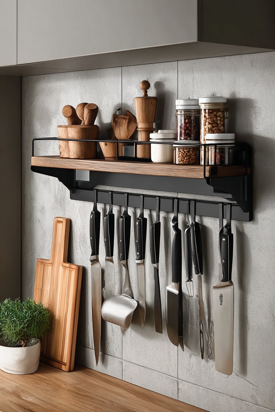 Minimalist kitchen with wall-mounted knife and tool storage solutions