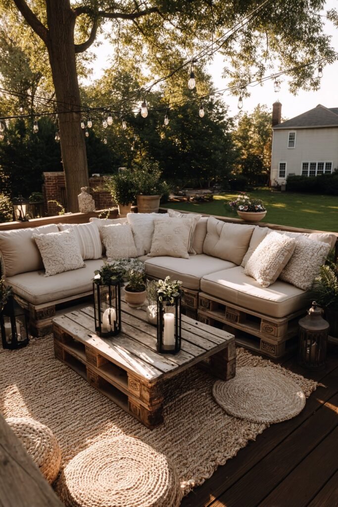 Affordable outdoor patio decorated with elegant furniture, cozy lighting, planters, and stylish accessories for a luxurious look.