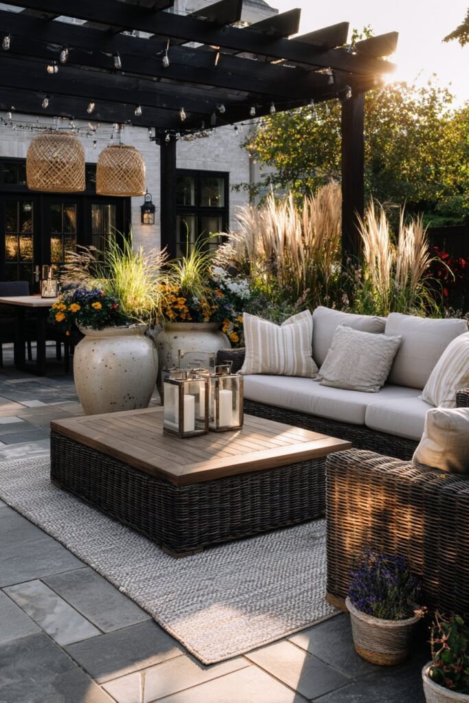 Modern outdoor patio with stylish lounge furniture, pergola, string lights, and lush landscaping in a contemporary backyard.
