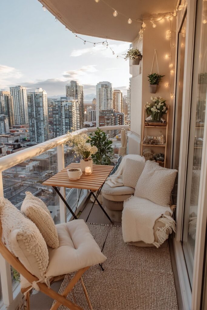 Small apartment balcony with space-saving furniture, hanging plants, cozy lighting, and modern decor that maximizes every inch.