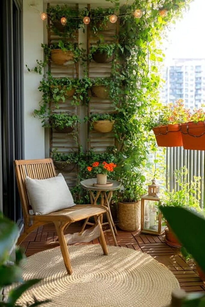 Compact balcony featuring a lush vertical garden wall, wooden planters, cozy seating, and modern outdoor decor.